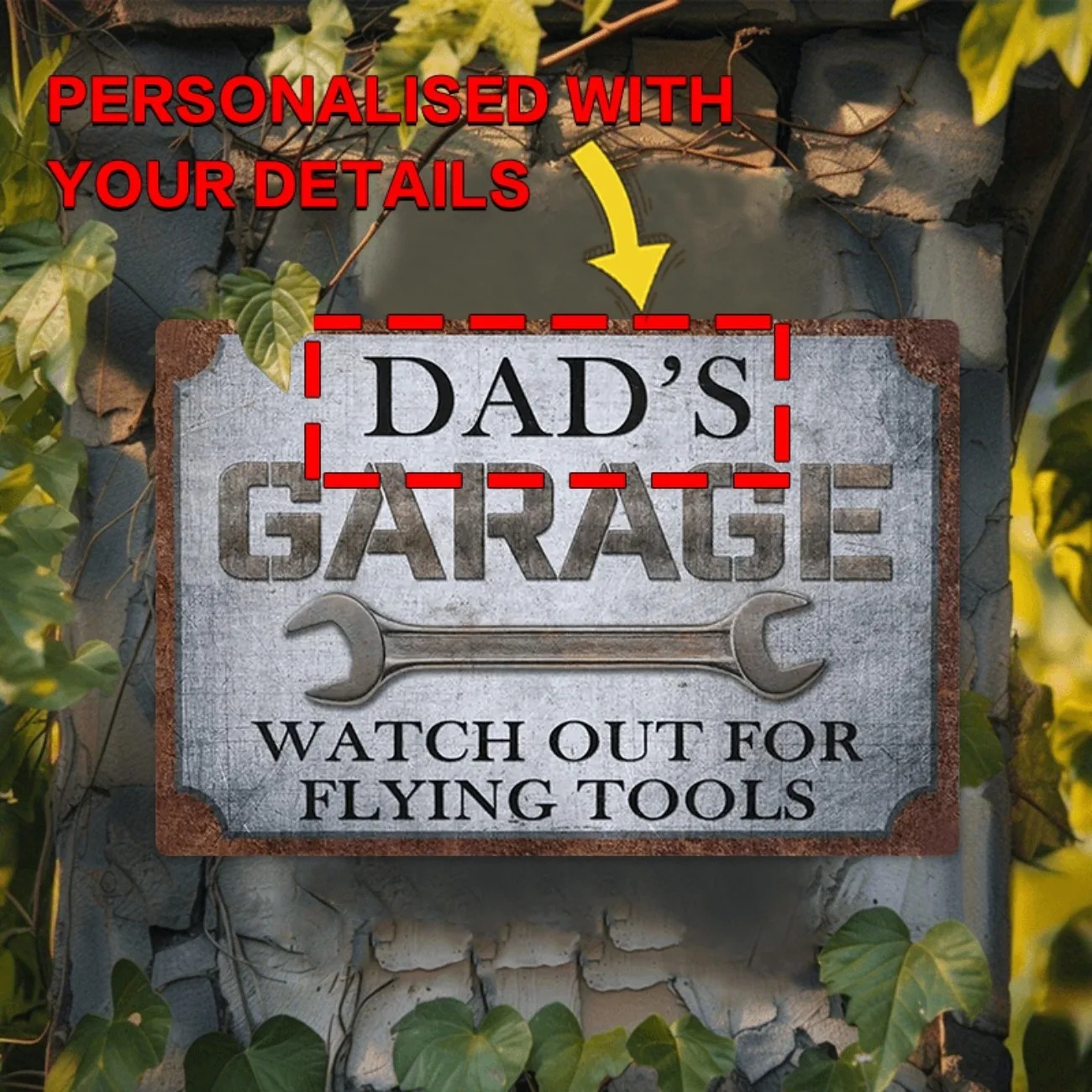 Workshop Tools Wall - Aangepaste tekst 'Dad's Garage' metalen plaquette,